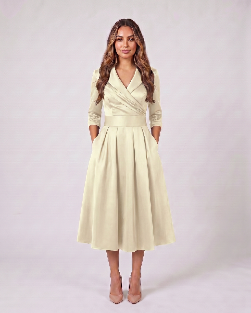 beige wrap v neck 3/4 sleeve with pockets midi dress front view