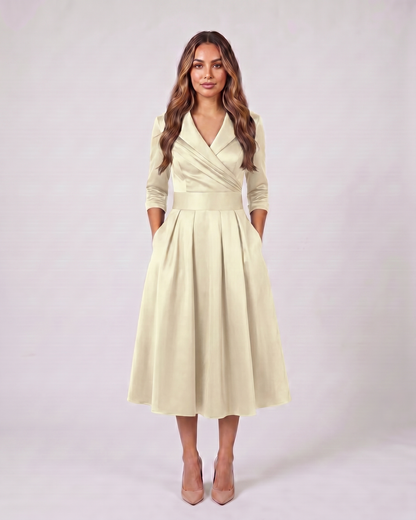 beige wrap v neck 3/4 sleeve with pockets midi dress front view