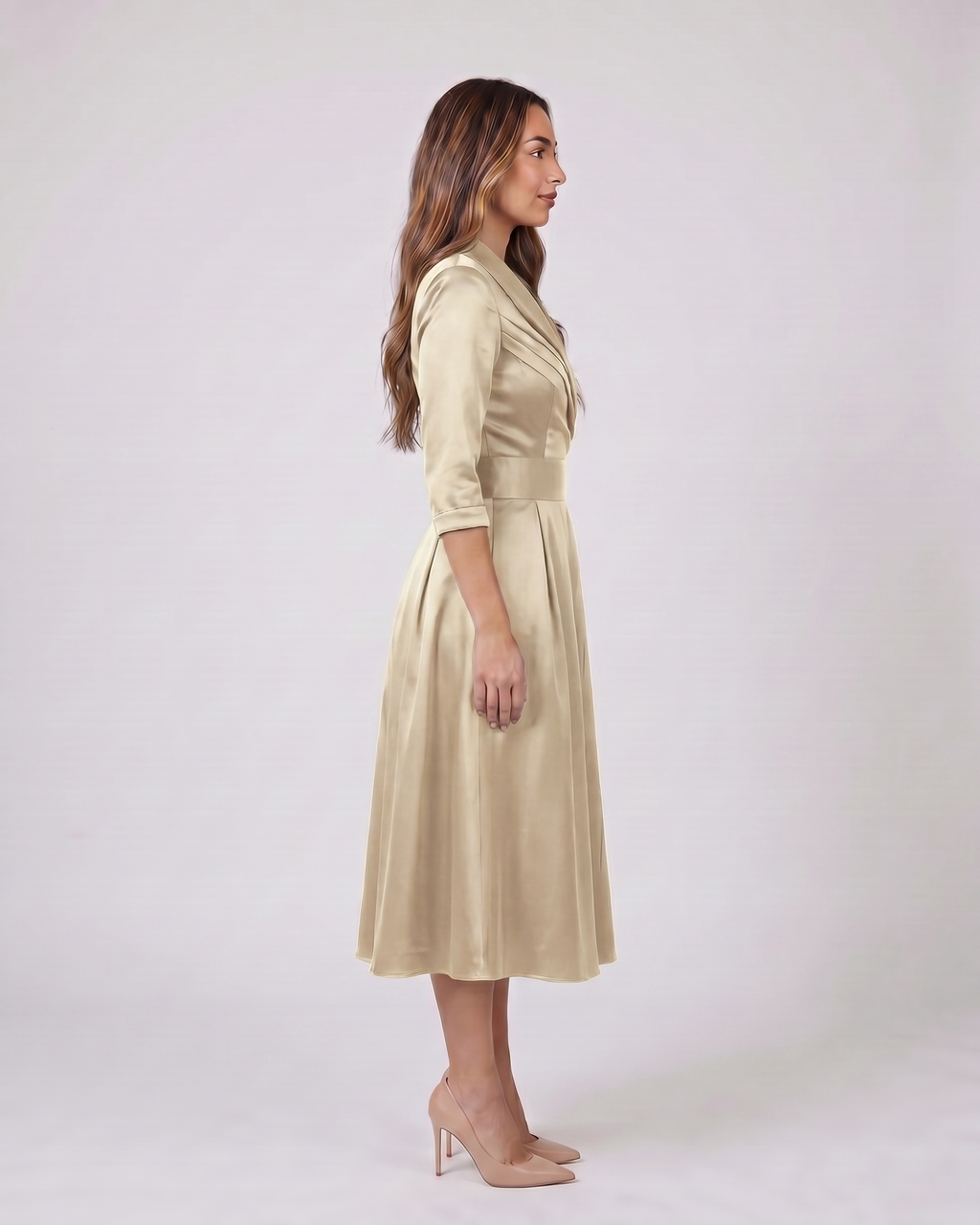 Side view of beige wrap v neck 3/4 sleeve with pockets midi dress