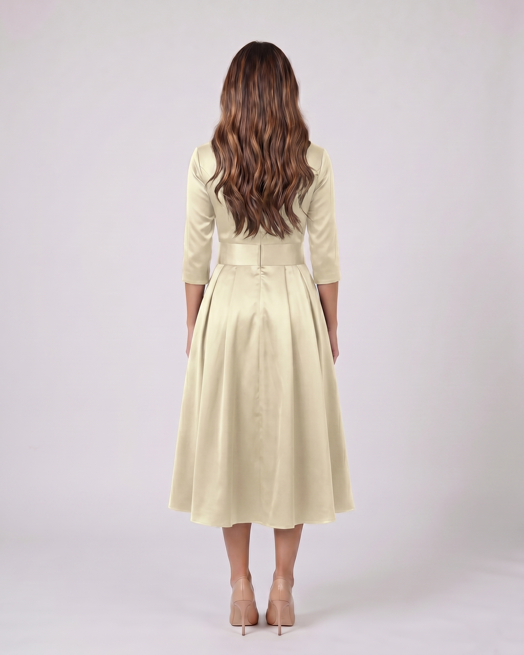Back view of beige wrap v neck 3/4 sleeve with pockets midi dress showing solid back with center seam, concealed zipper closure