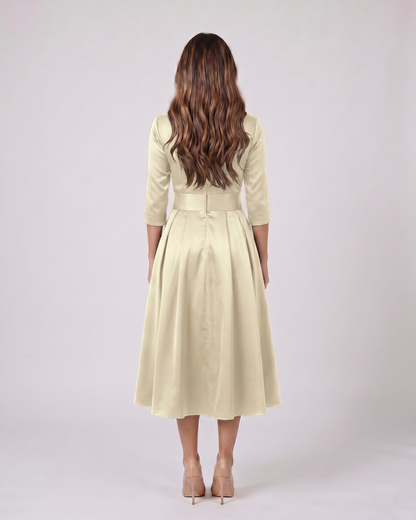 Back view of beige wrap v neck 3/4 sleeve with pockets midi dress showing solid back with center seam, concealed zipper closure