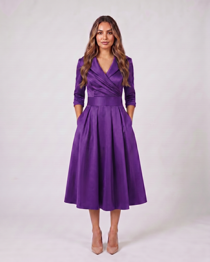 purple wrap v neck 3/4 sleeve with pockets midi dress front view