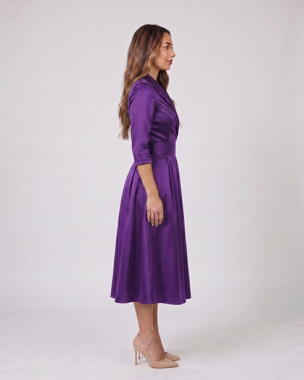 Side view of purple wrap v neck 3/4 sleeve with pockets midi dress