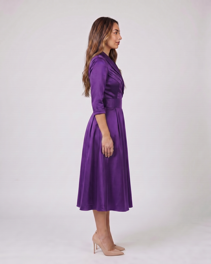 Side view of purple wrap v neck 3/4 sleeve with pockets midi dress