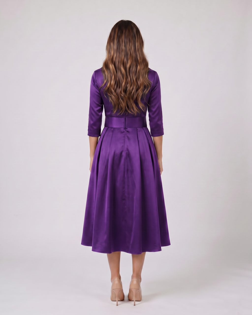 Back view of purple wrap v neck 3/4 sleeve with pockets midi dress showing solid back with center seam, concealed zipper closure