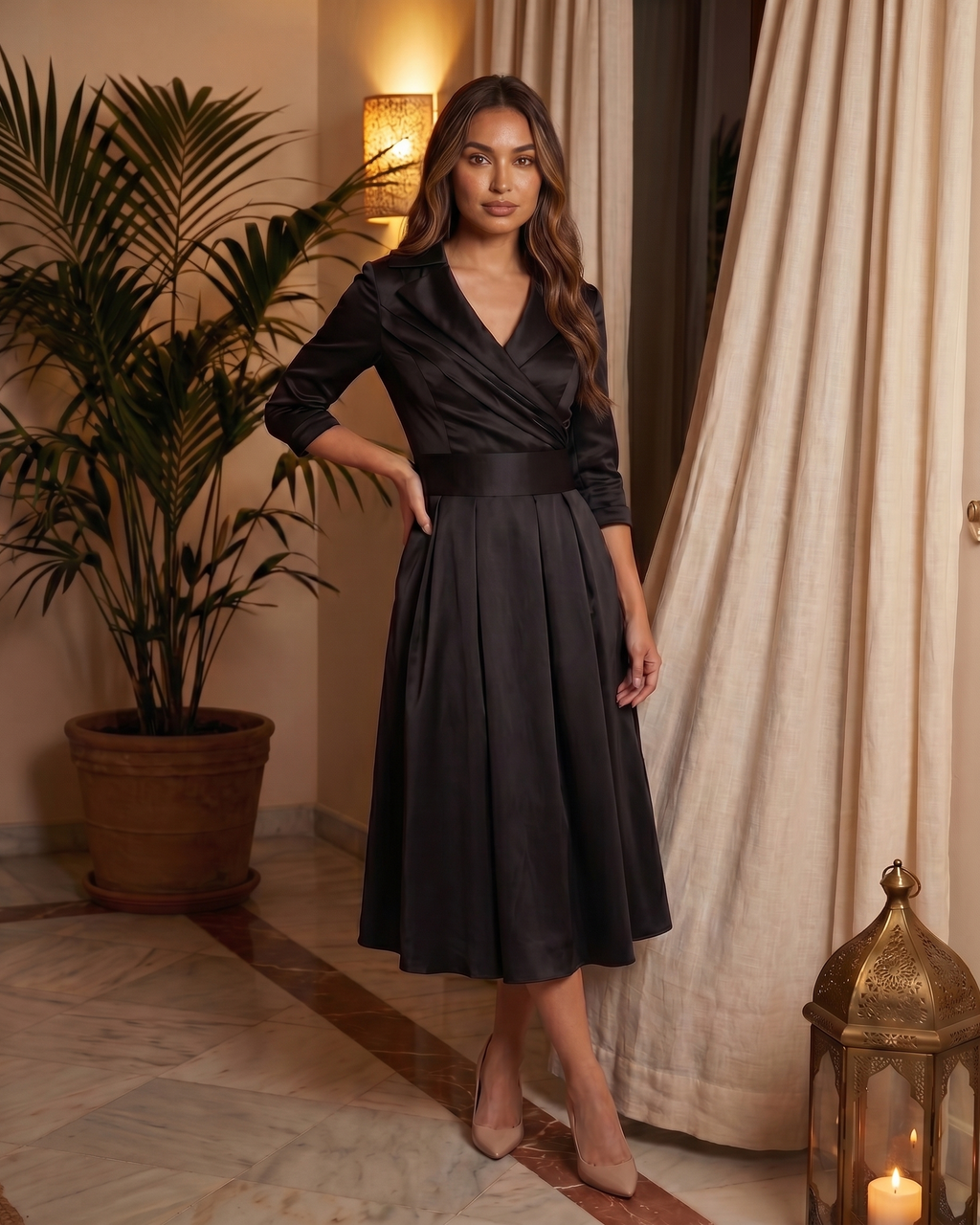 Model in black wrap v neck 3/4 sleeve with pockets midi dress in villa interior setting