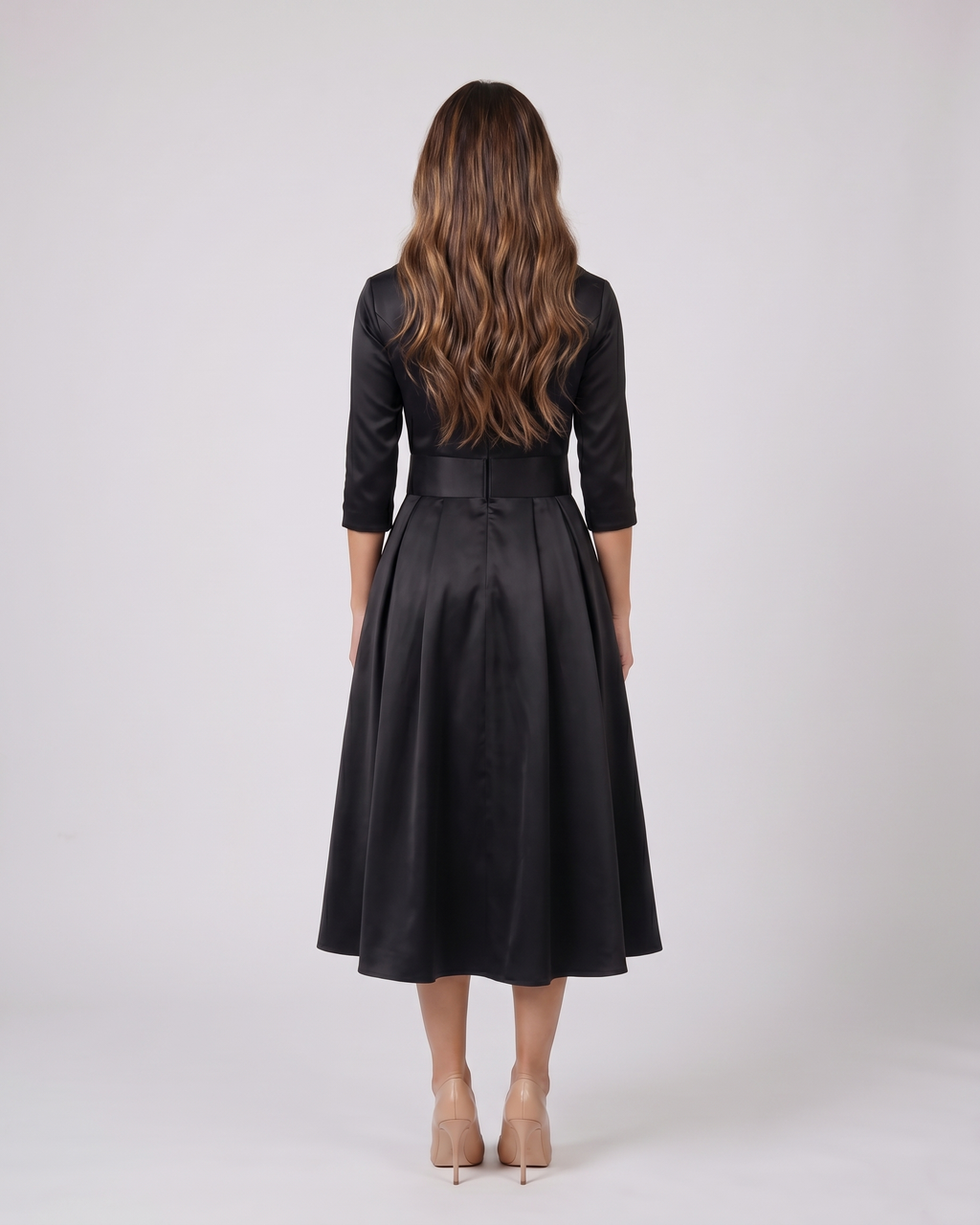 Back view of black wrap v neck 3/4 sleeve with pockets midi dress showing solid back with center seam, concealed zipper closure