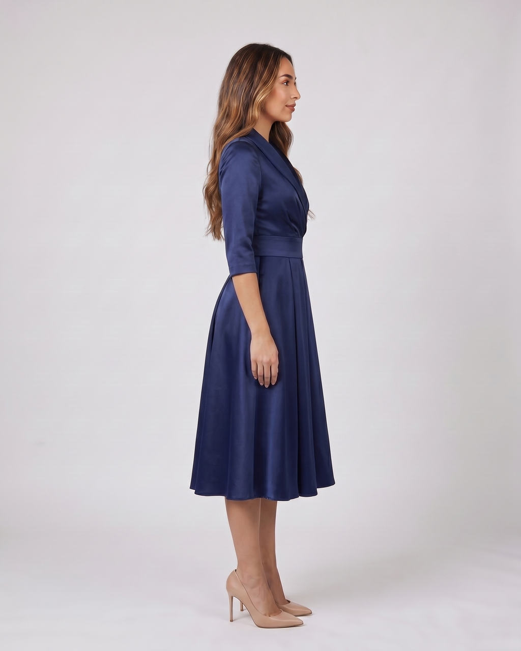 Side view of navy wrap v neck 3/4 sleeve with pockets midi dress