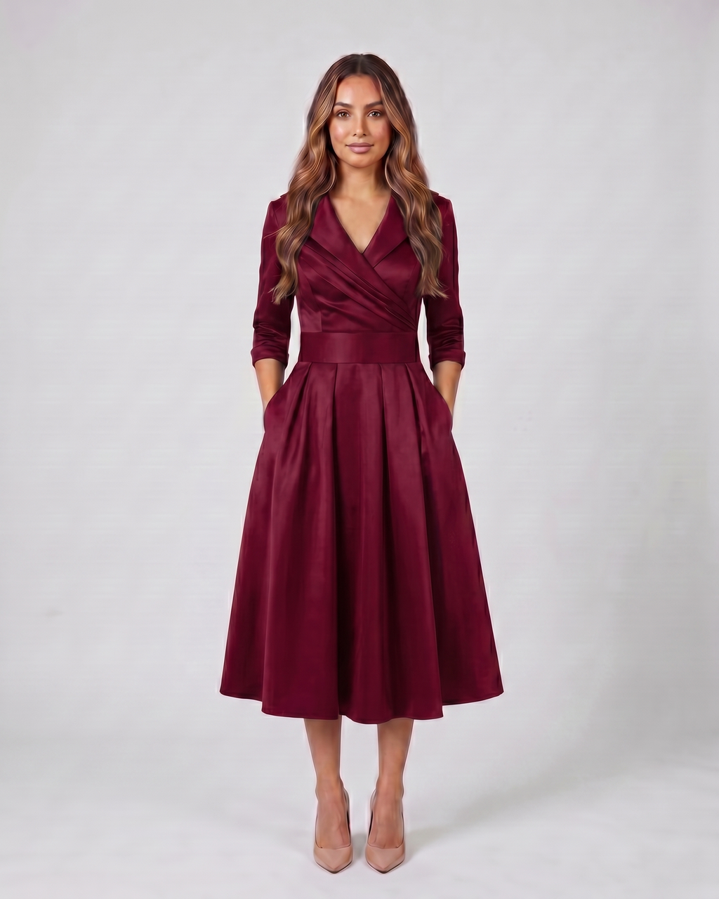 burgundy wrap v neck 3/4 sleeve with pockets midi dress front view