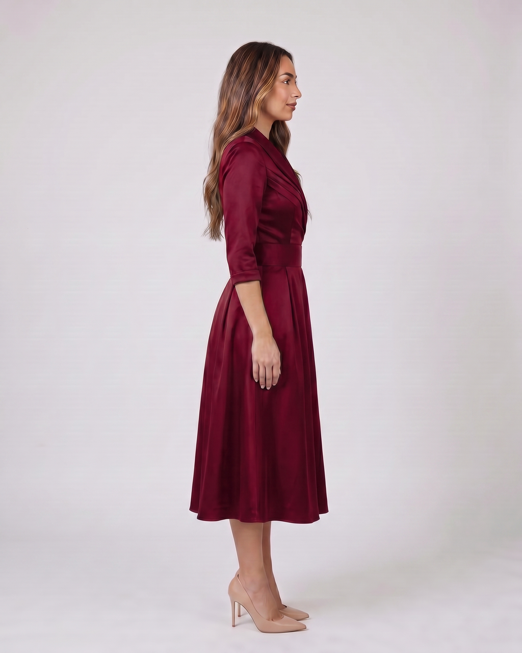 Side view of burgundy wrap v neck 3/4 sleeve with pockets midi dress
