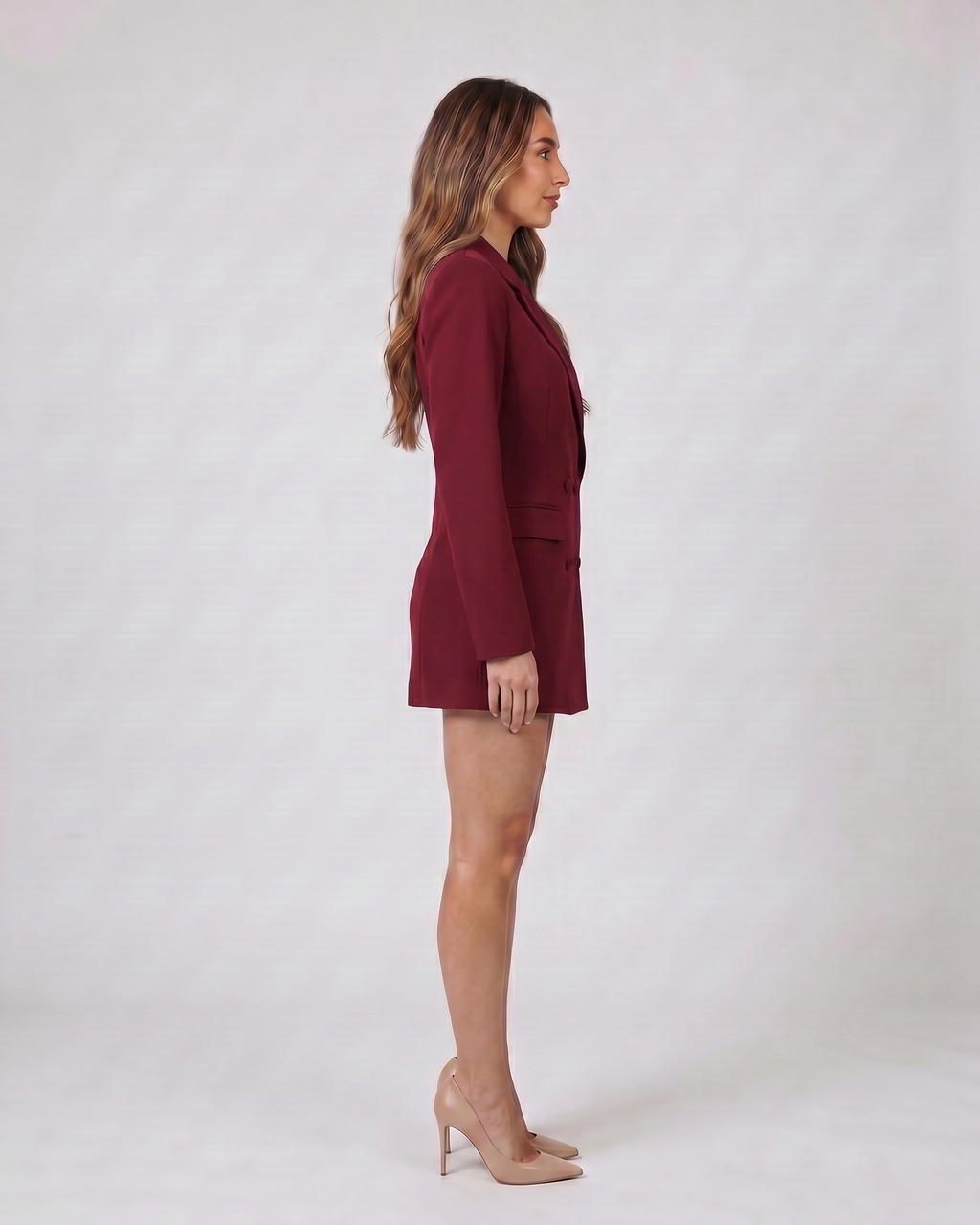 Side view of wine red claret women's cocktail v neck blazer mini dress long sleeve