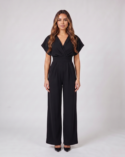 black cocktail v neck flutter sleeve wide leg jumpsuit front view