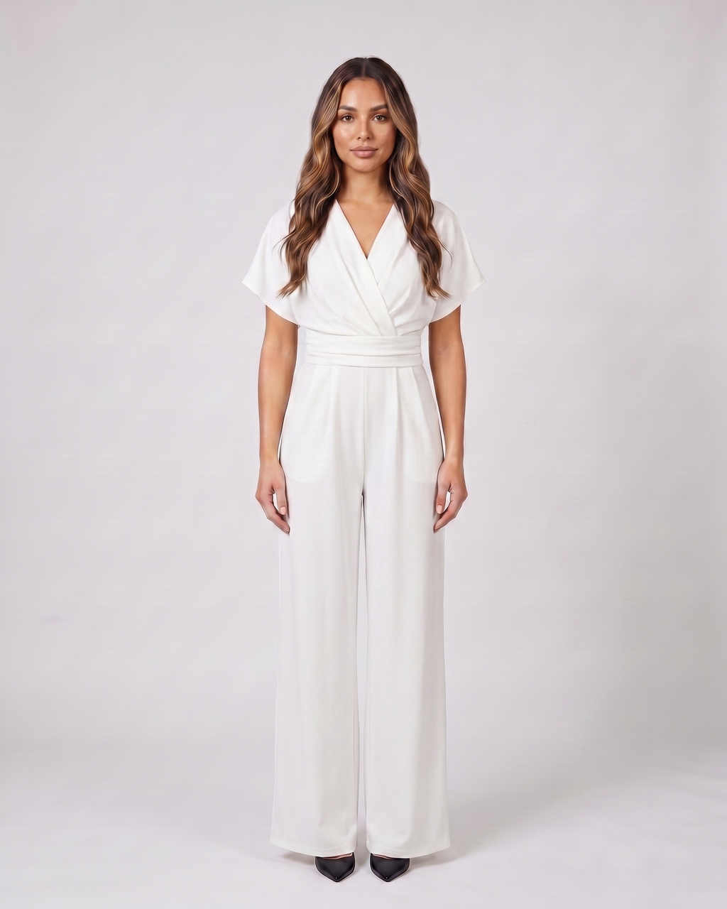 white cocktail v neck flutter sleeve wide leg jumpsuit front view