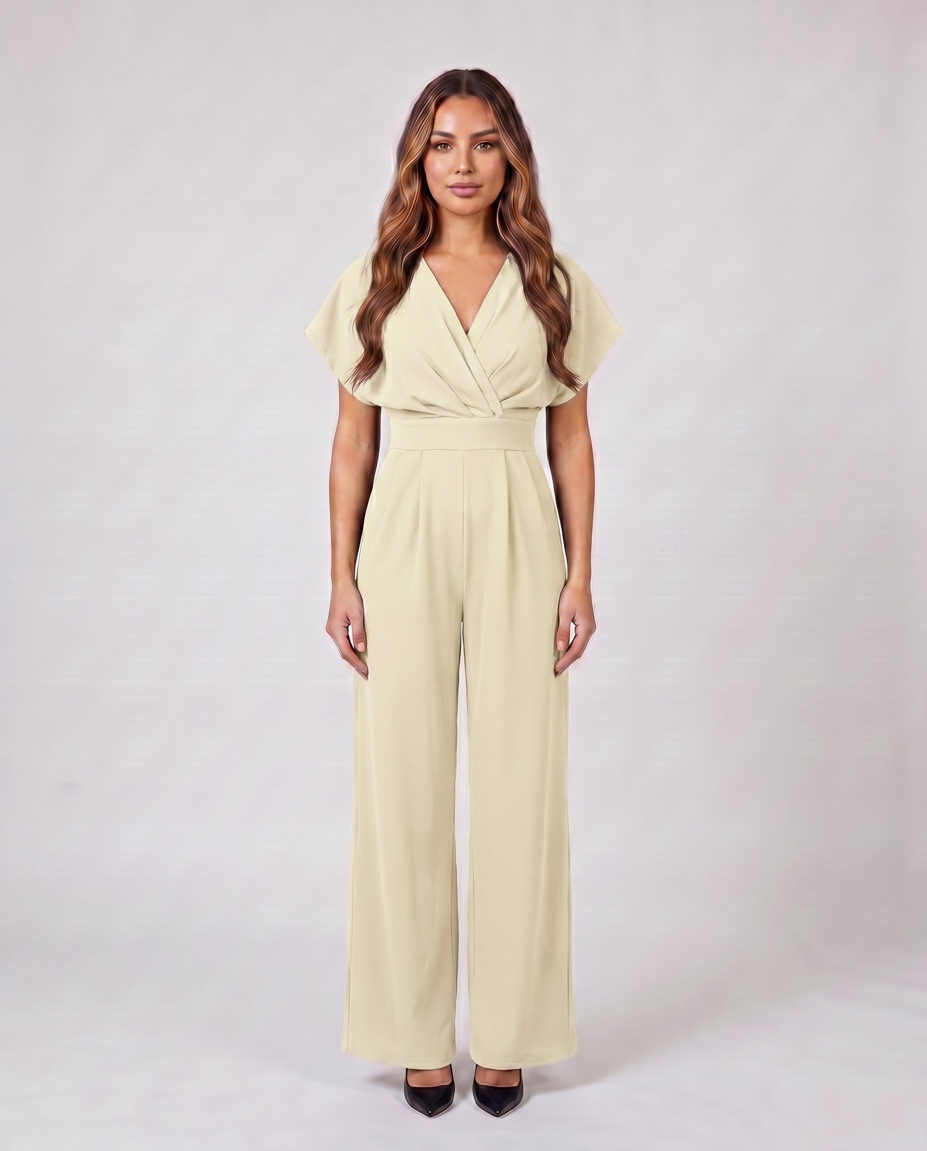 beige women cocktail v neck flutter sleeve wide leg jumpsuit front view