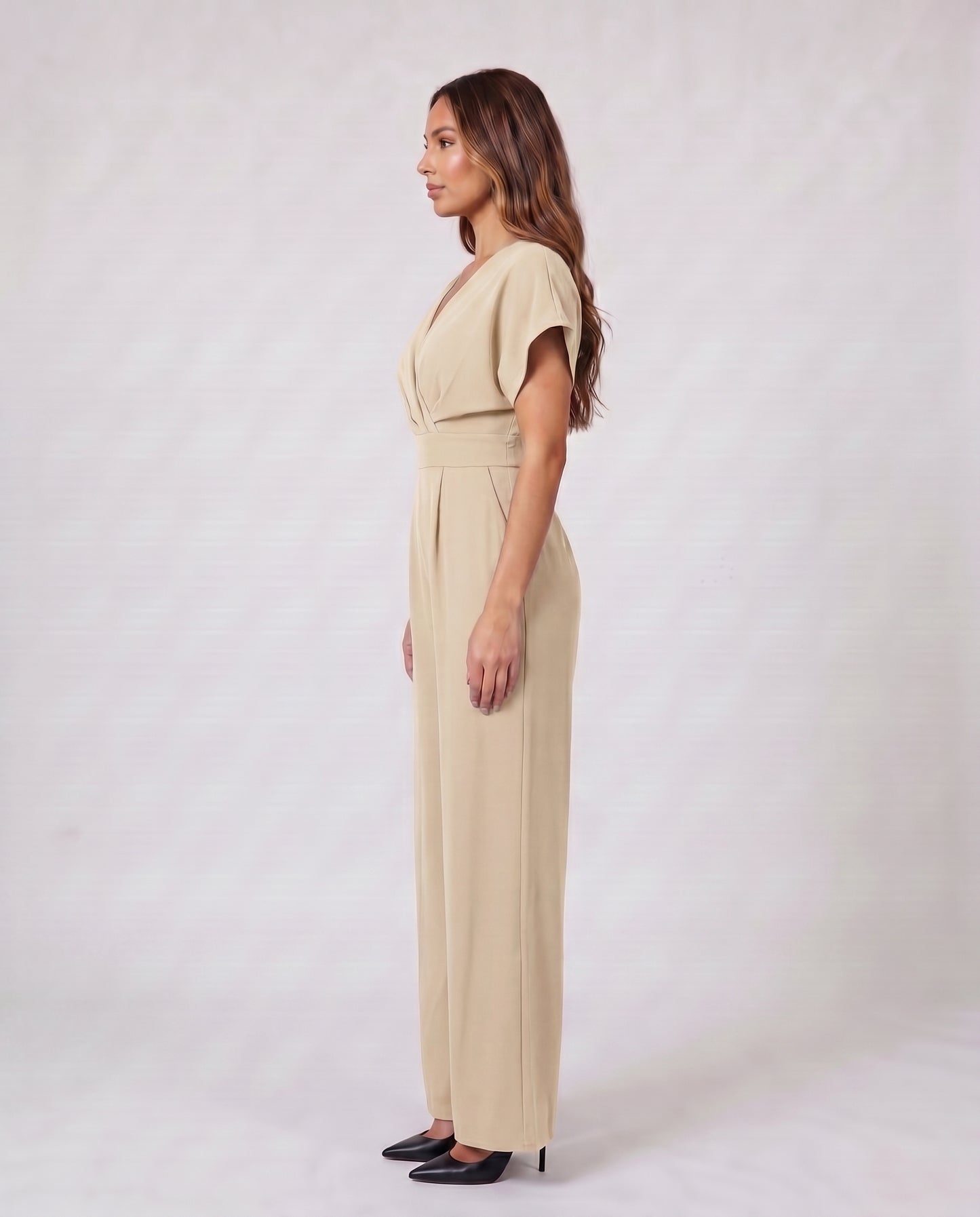 beige women cocktail v neck flutter sleeve wide leg jumpsuit side view