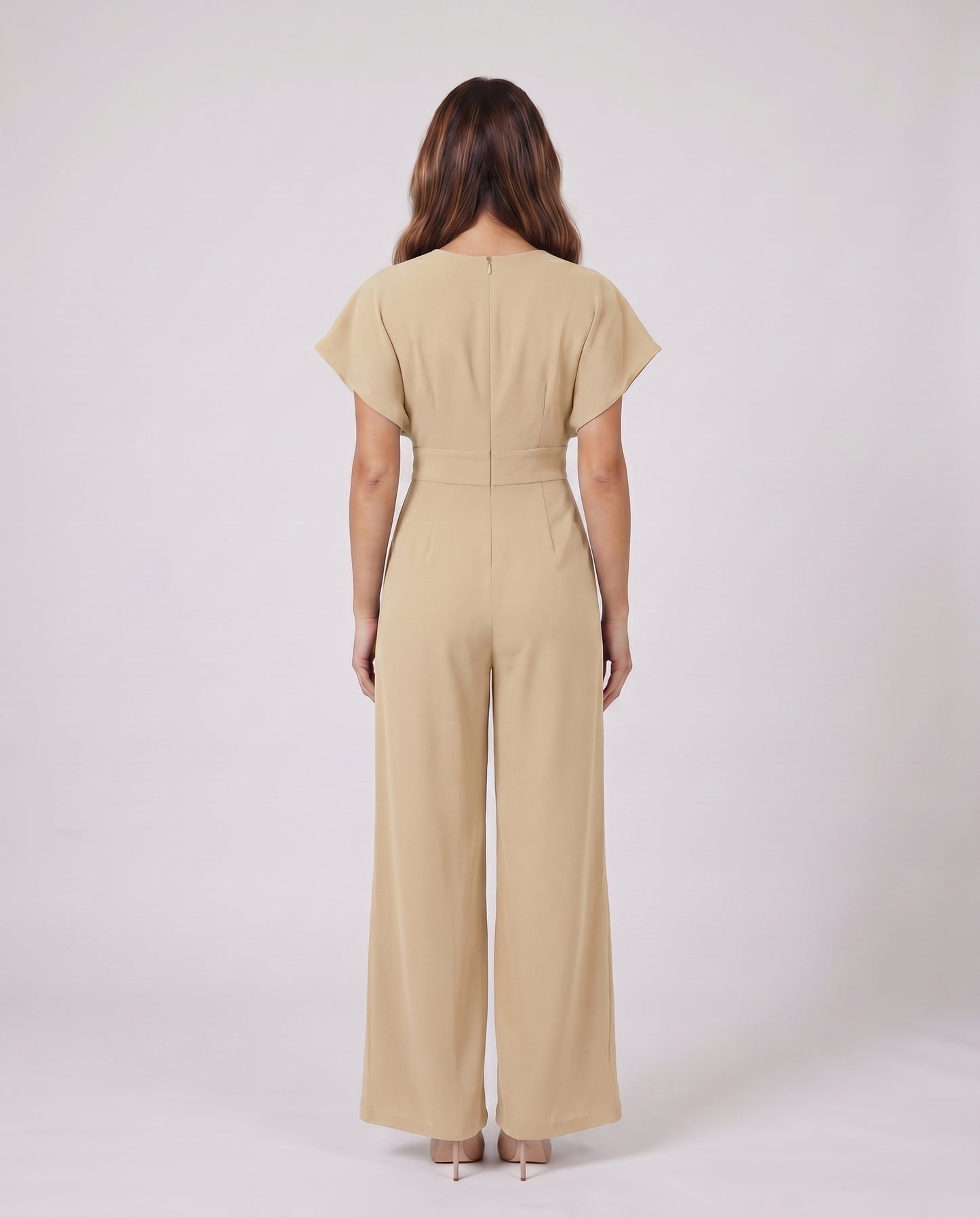 beige women cocktail v neck flutter sleeve wide leg jumpsuit back view showing solid back, round neckline, zipper closure
