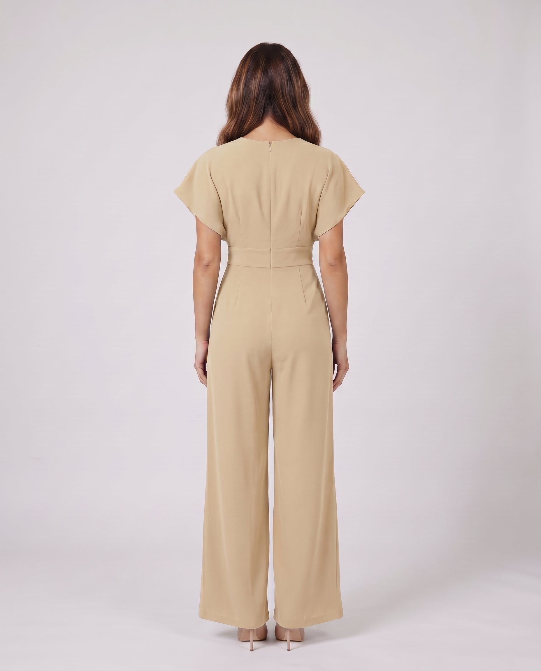 beige women cocktail v neck flutter sleeve wide leg jumpsuit back view showing solid back, round neckline, zipper closure