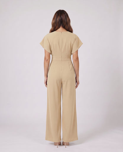 beige women cocktail v neck flutter sleeve wide leg jumpsuit back view showing solid back, round neckline, zipper closure