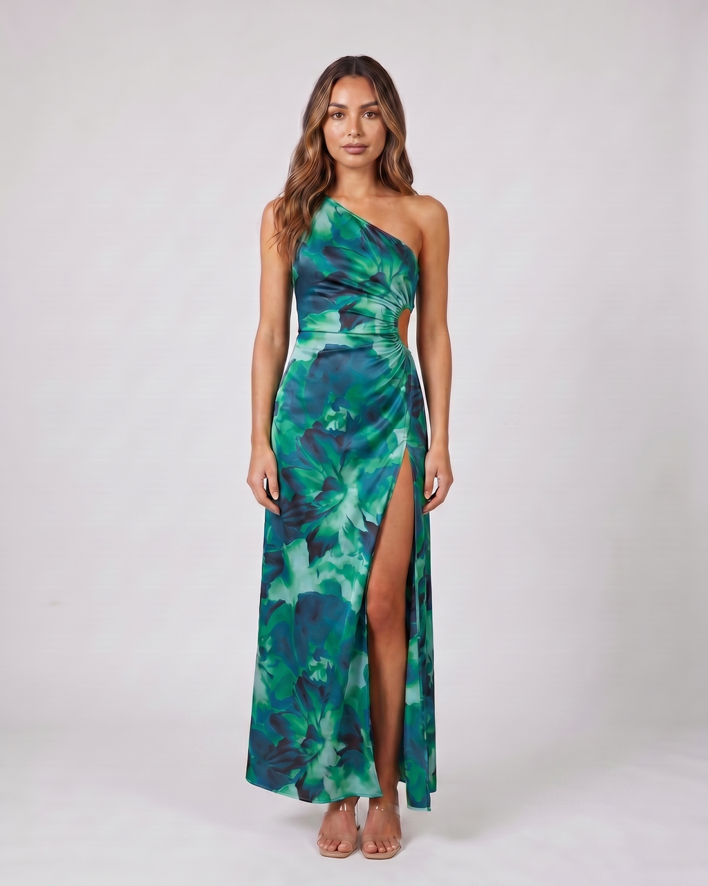 calista green floral one shoulder ruched maxi dress front view with abstract watercolor floral