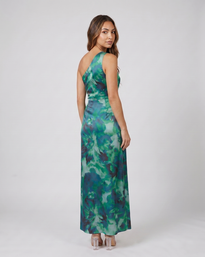 Back view of calista green floral one shoulder ruched maxi dress showing solid back
