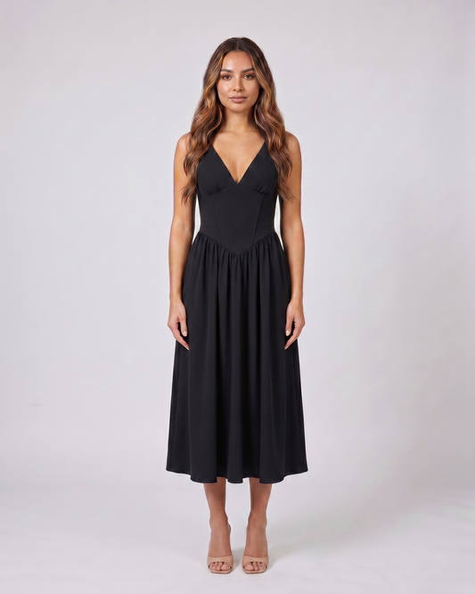 black women's wedding guest deep v neck midi a line dress front view with floral print