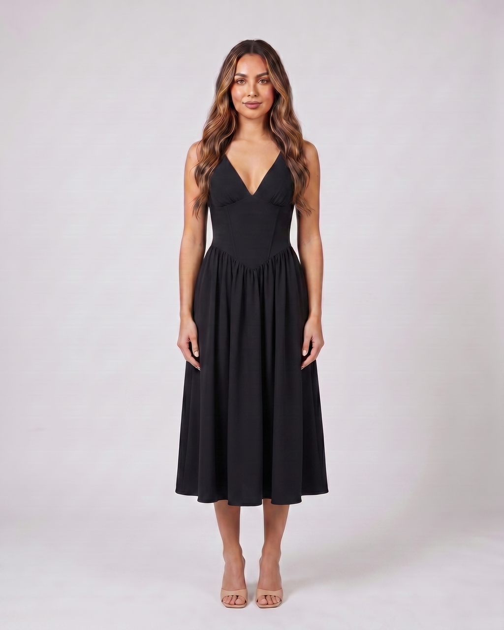 yellow flowers women's wedding guest deep v neck midi a line dress front view with floral print