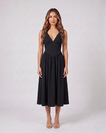 yellow flowers women's wedding guest deep v neck midi a line dress front view with floral print