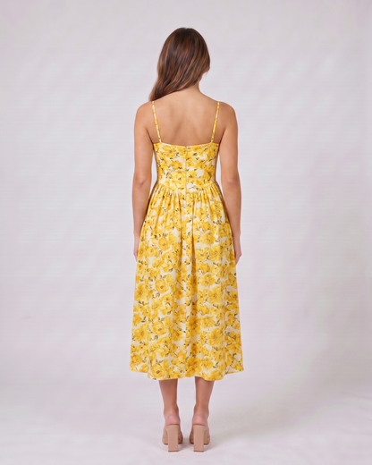 Back view of yellow flowers women's wedding guest deep v neck midi a line dress showing solid back with center back zipper closure