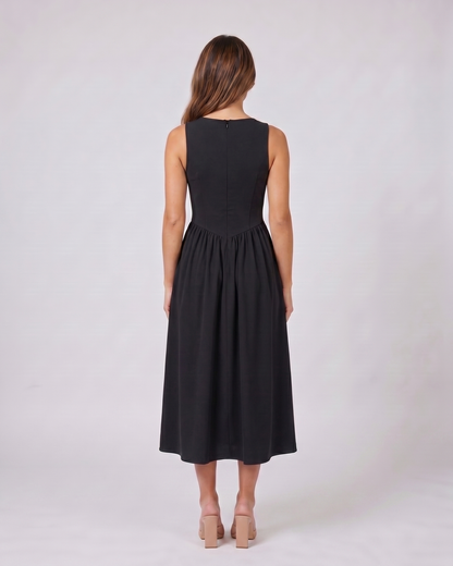 Back view of black women's wedding guest deep v neck midi a line dress showing solid back with center back zipper closure