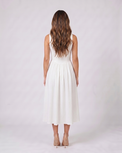 Back view of white women's wedding guest deep v neck midi a line dress showing solid back with center back zipper closure