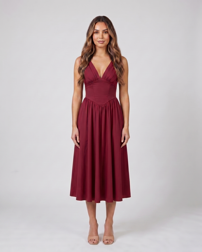 burgundy women's wedding guest deep v neck midi a line dress front view with floral print