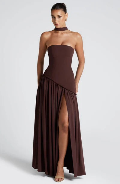 Women Strapless Asymmetric Waist Maxi Dress