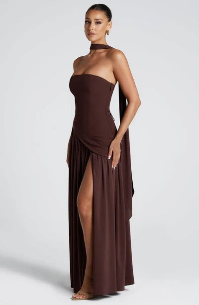 Women Strapless Asymmetric Waist Maxi Dress