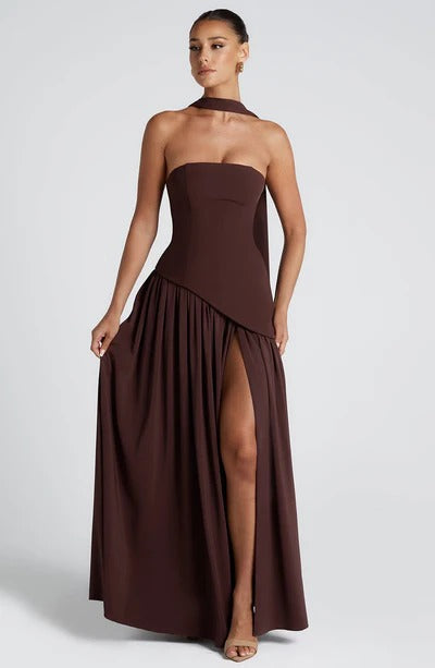 Women Strapless Asymmetric Waist Maxi Dress