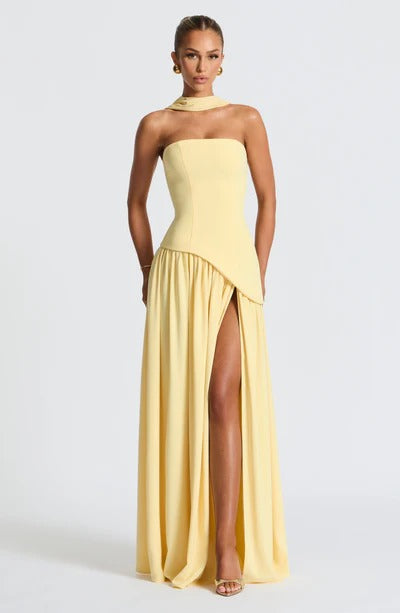 Women Strapless Asymmetric Waist Maxi Dress