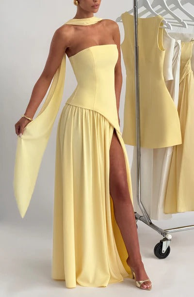 Women Strapless Asymmetric Waist Maxi Dress