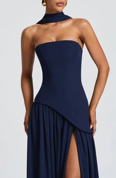Women Strapless Asymmetric Waist Maxi Dress