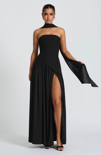Women Strapless Asymmetric Waist Maxi Dress