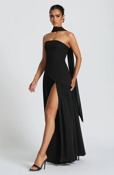 Women Strapless Asymmetric Waist Maxi Dress