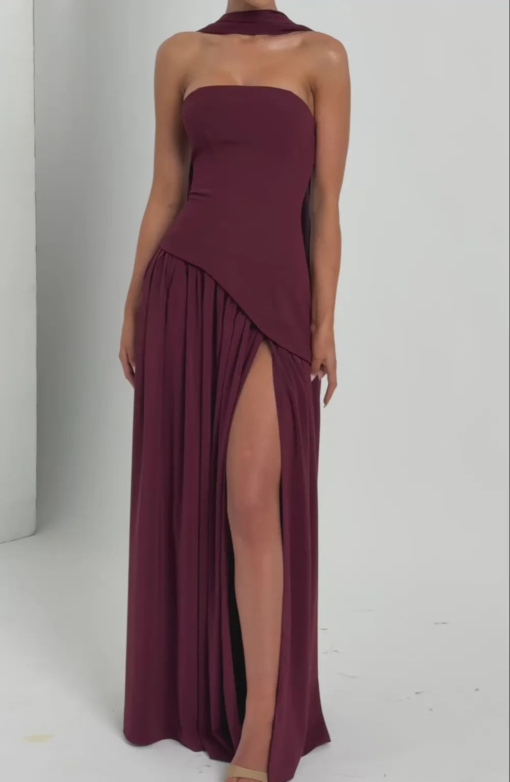 Women Strapless Asymmetric Waist Maxi Dress