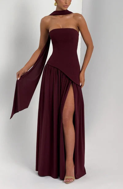 Women Strapless Asymmetric Waist Maxi Dress