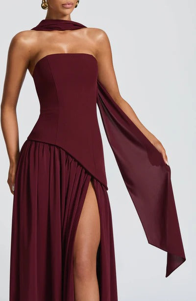 Women Strapless Asymmetric Waist Maxi Dress