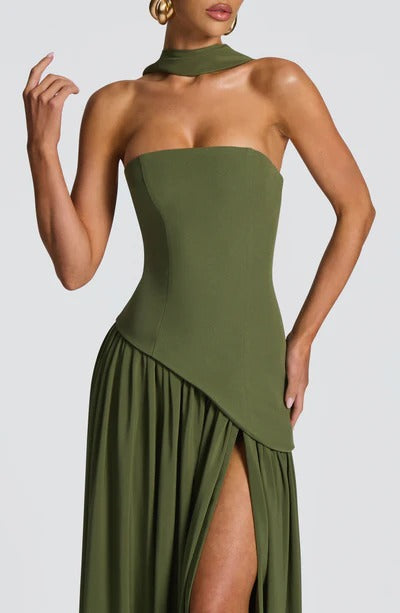 Women Strapless Asymmetric Waist Maxi Dress