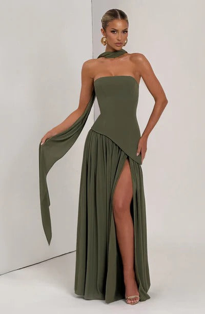 Women Strapless Asymmetric Waist Maxi Dress