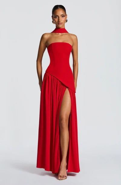 Women Strapless Asymmetric Waist Maxi Dress