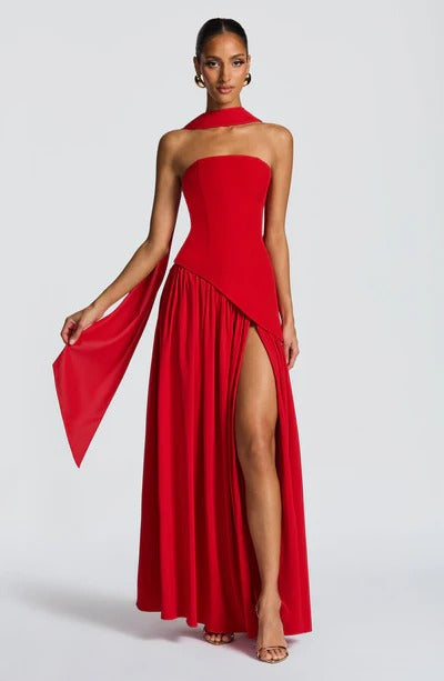 Women Strapless Asymmetric Waist Maxi Dress