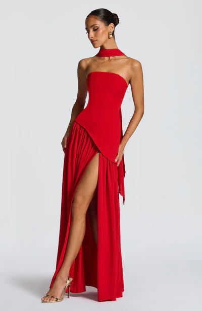 Women Strapless Asymmetric Waist Maxi Dress