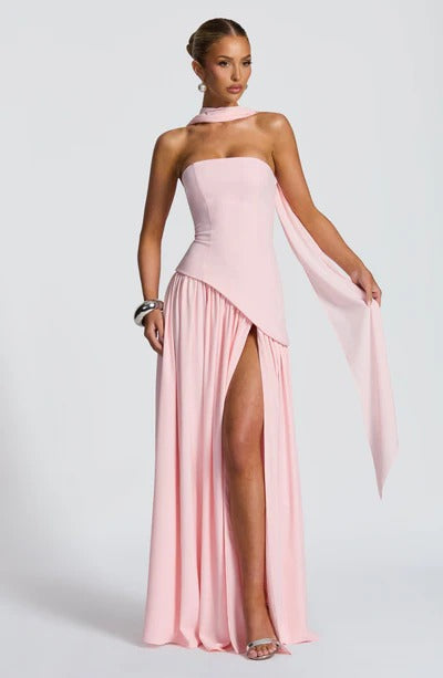 Women Strapless Asymmetric Waist Maxi Dress