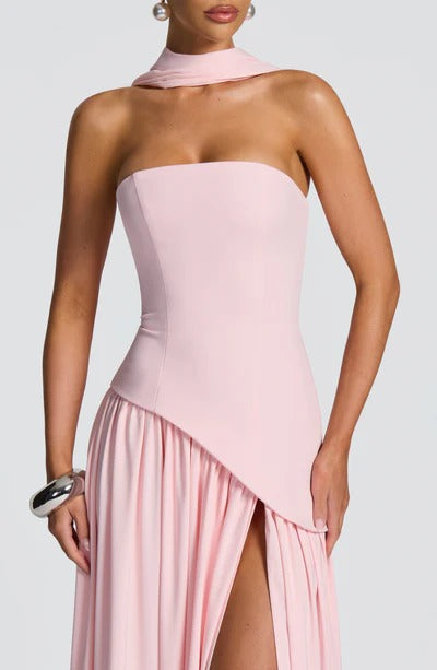 Women Strapless Asymmetric Waist Maxi Dress