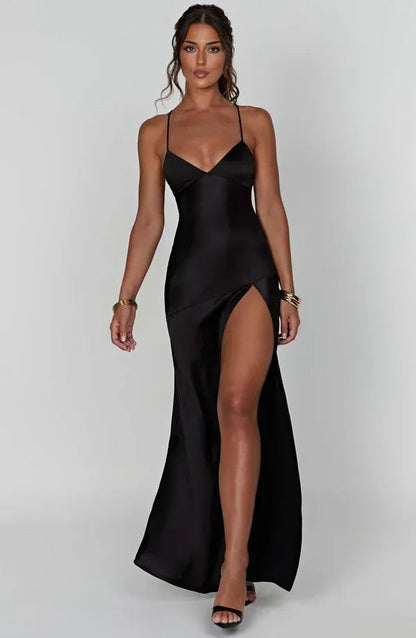 Black satin v-neck maxi dress with high leg slit and cami straps